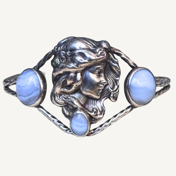 Rare Sterling Silver Art Nouveau Bracelet with Blue Lace Agate Cabochons